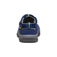 Blue children's water sandal with velcro strap and protective toe coverage, rear view