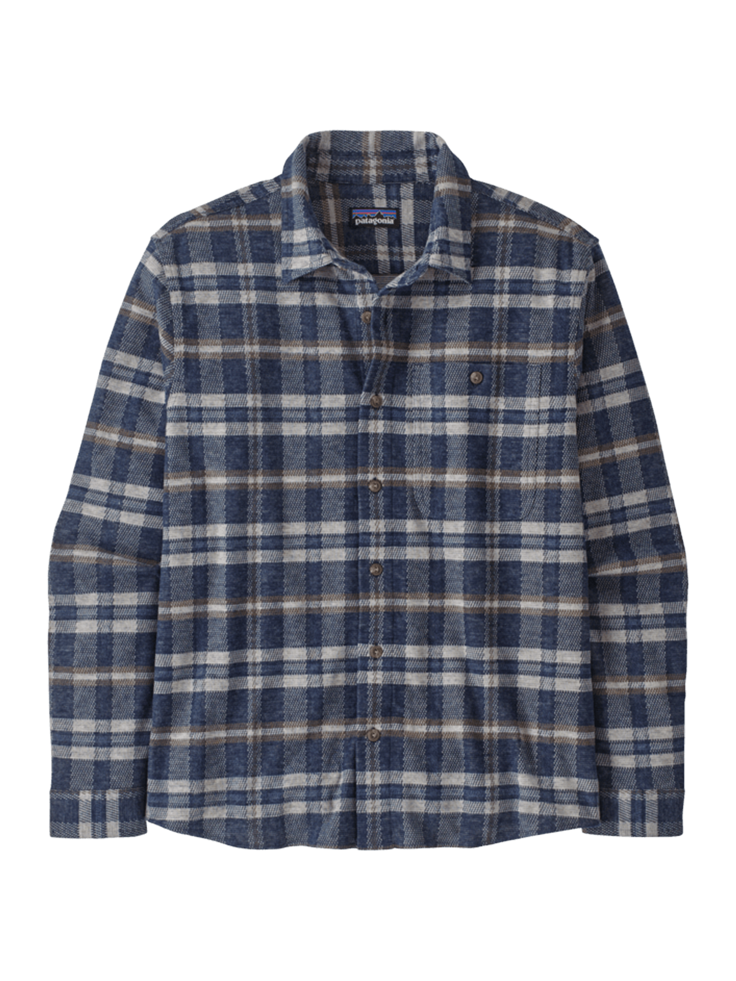 Men's long-sleeve plaid flannel shirt with button front and chest pocket, flat lay view