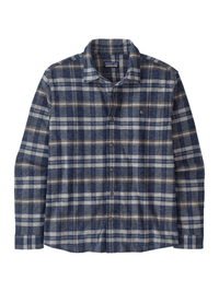 Men's long-sleeve plaid flannel shirt with button front and chest pocket, flat lay view