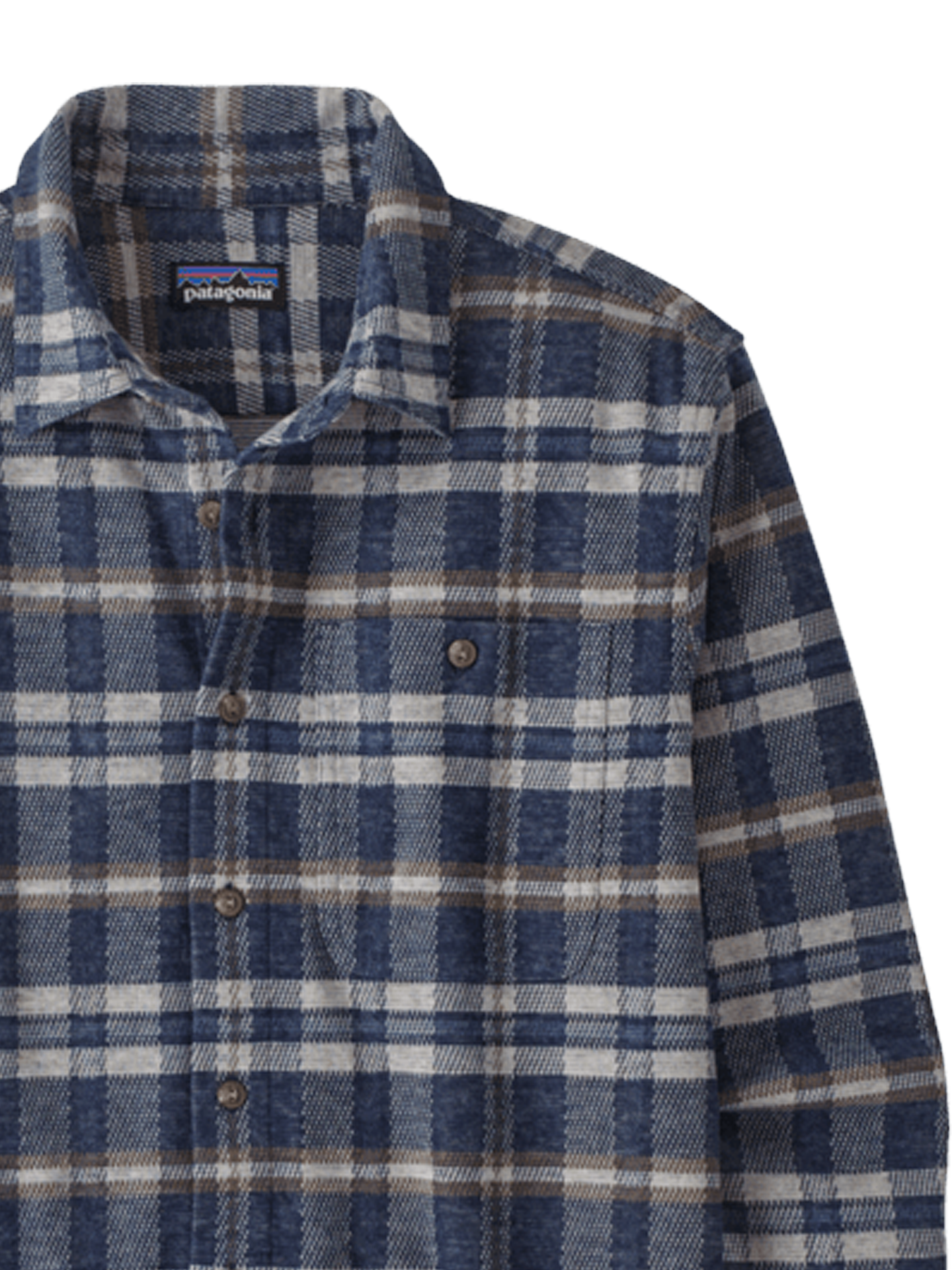 Men's plaid flannel shirt in navy and white tartan pattern, close-up front view showing collar and buttons