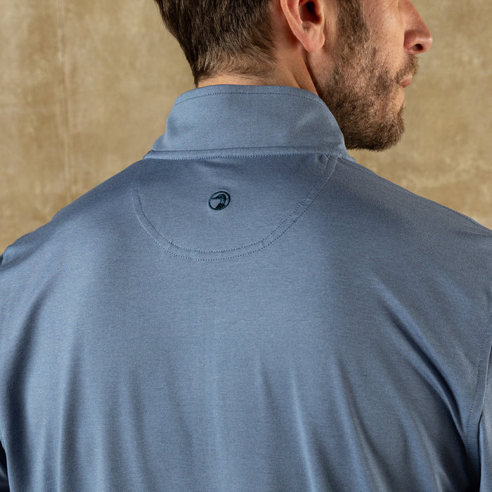 Light blue quarter zip pullover shown from back, displaying collar and shoulder details