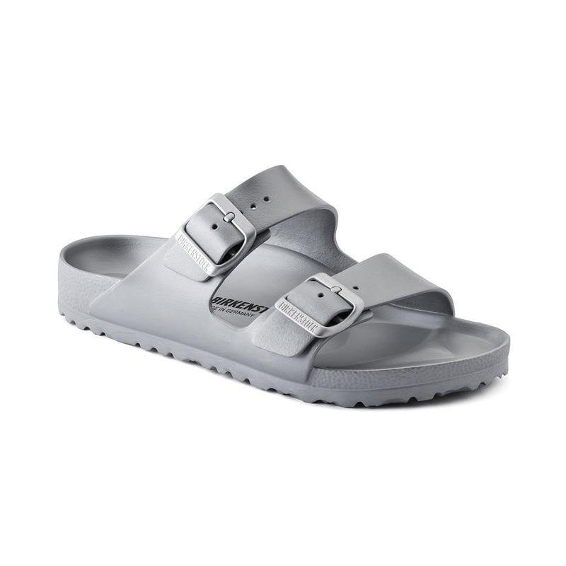 Grey metallic slip-on sandals with two adjustable buckle straps and textured sole