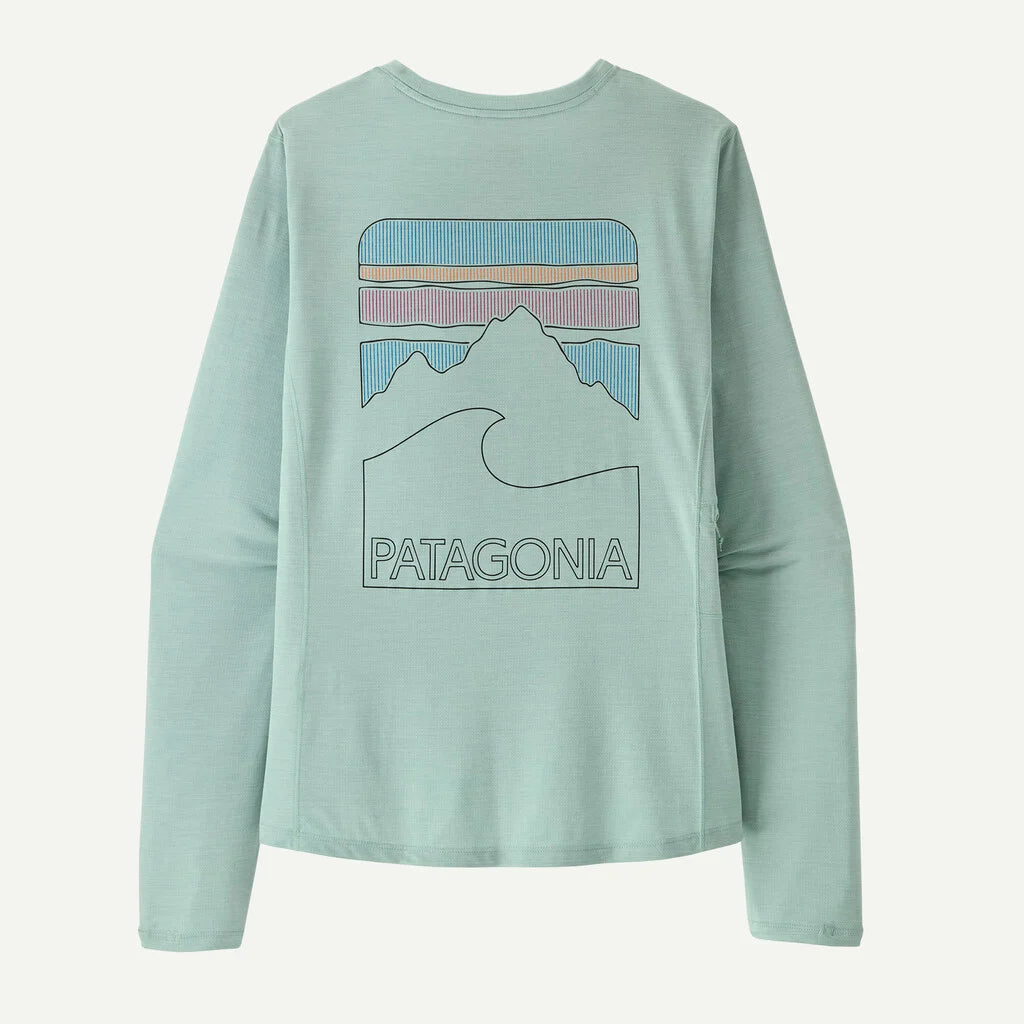 Sage green long-sleeve shirt with mountain graphic design on back, shown flat lay