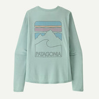 Sage green long-sleeve shirt with mountain graphic design on back, shown flat lay