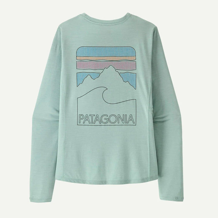 Sage green long-sleeve shirt with mountain graphic design on back, shown flat lay