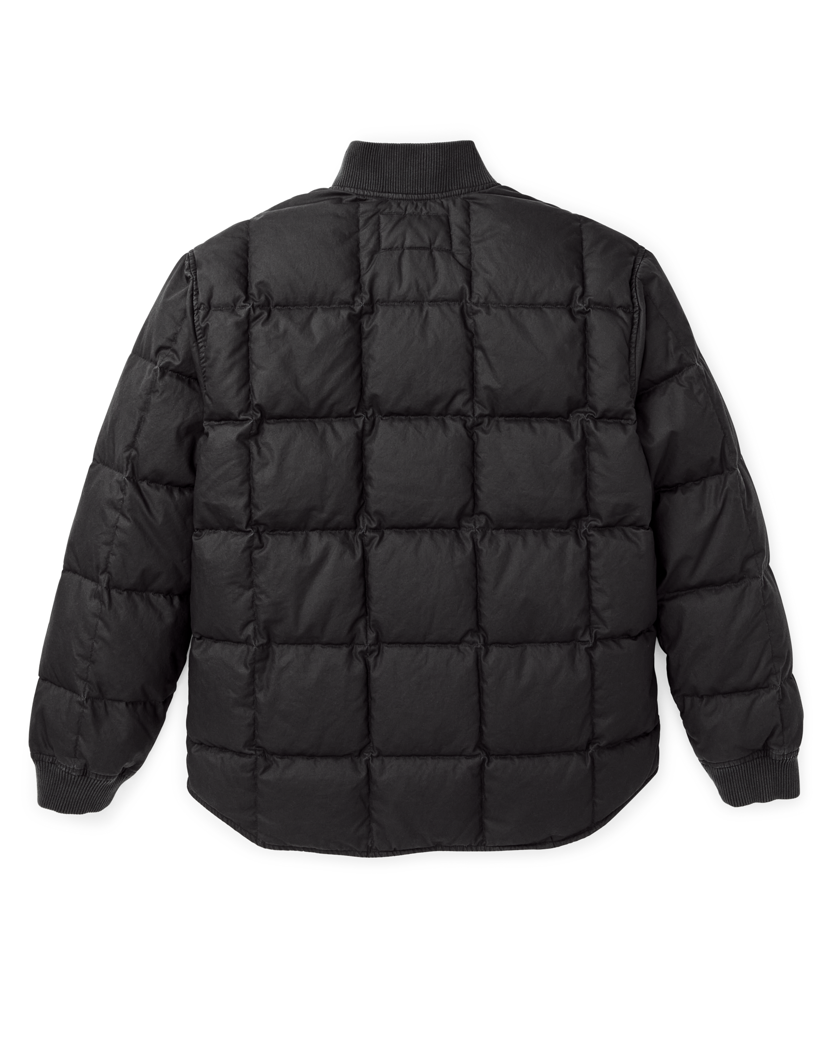 Black quilted puffer jacket back view with ribbed collar and cuffs