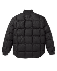 Black quilted puffer jacket back view with ribbed collar and cuffs