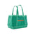 Teal tote bag with dual handles and front logo, angled view on white background