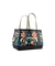 Tote bag with vibrant floral pattern and black trim, featuring dual handles