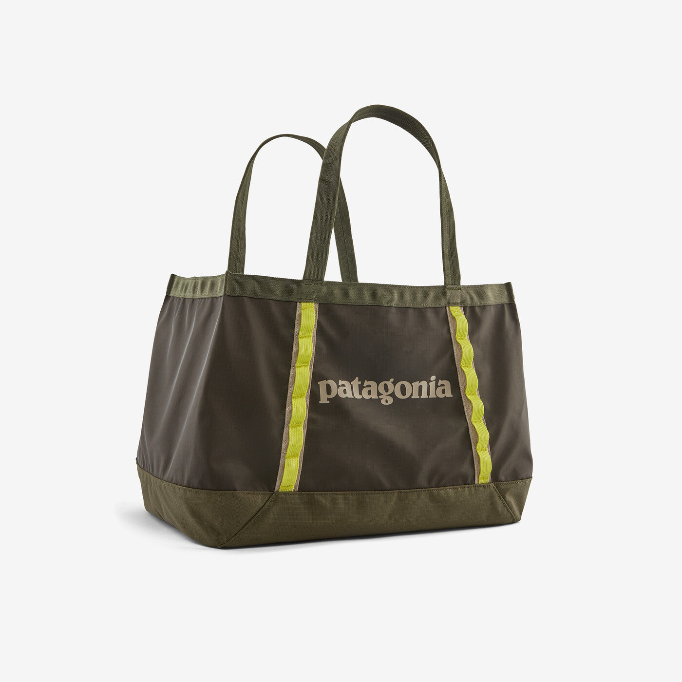 Olive green tote bag with yellow accent straps and dual handles on white background