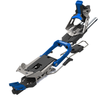 Ski touring binding brake system with blue aluminum frame and silver metal components, angled view