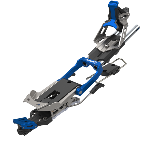 Ski touring binding brake system with blue aluminum frame and silver metal components, angled view