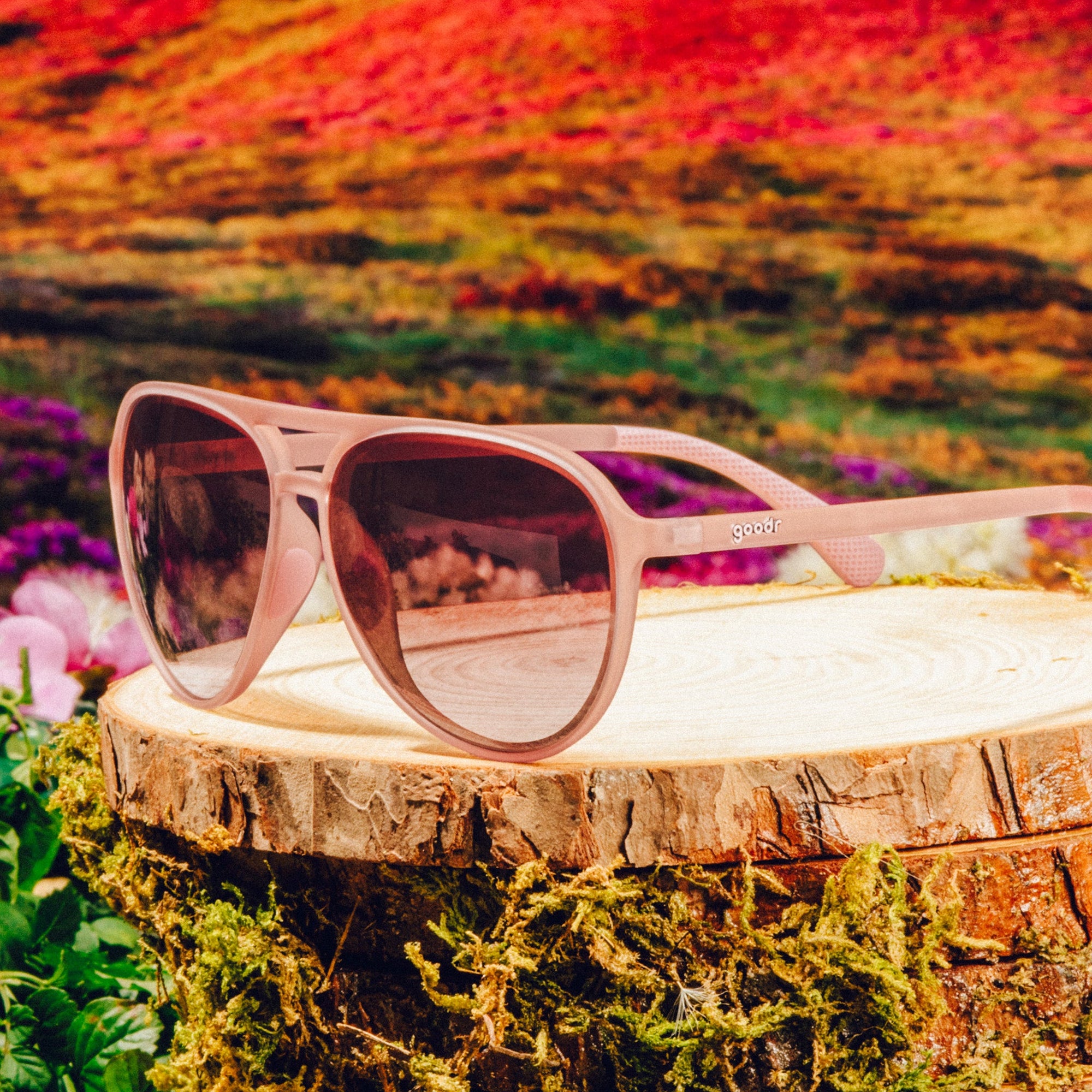 Pink aviator-style sunglasses with gradient lenses displayed on wooden log in garden setting