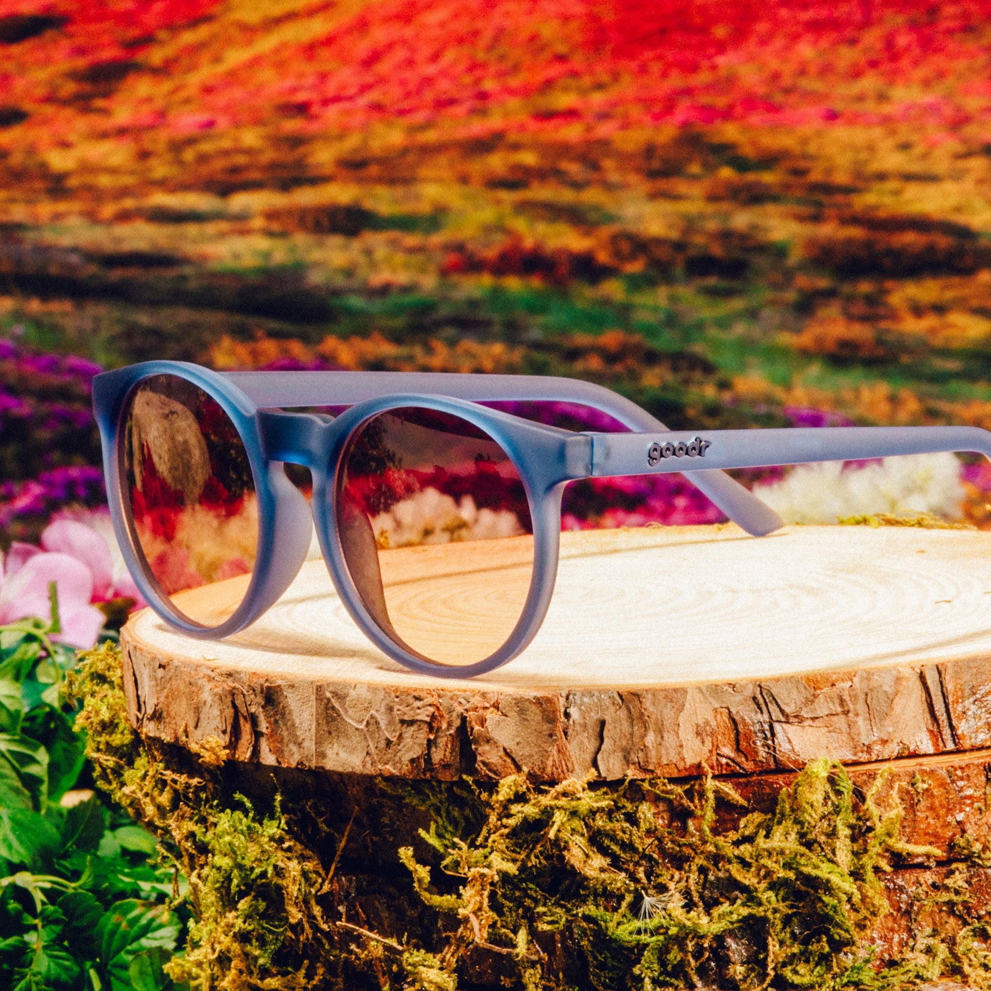 Round sunglasses with light blue frames and gradient reflective lenses on wooden surface