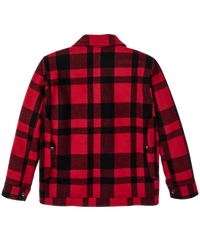Red and black plaid wool cruiser jacket, back view with collar and side pockets