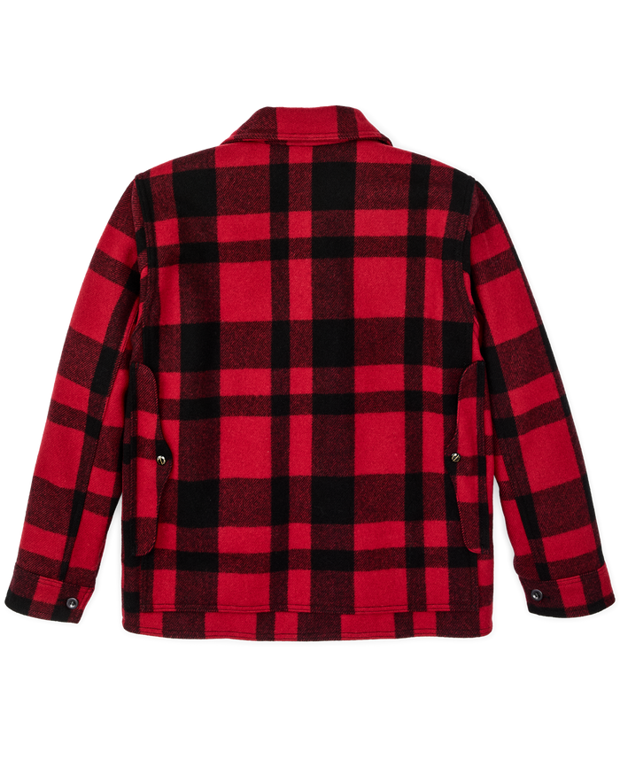 Red and black plaid wool cruiser jacket, back view with collar and side pockets