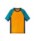 Orange and teal colorblock short sleeve rashguard shirt with navy trim, front view