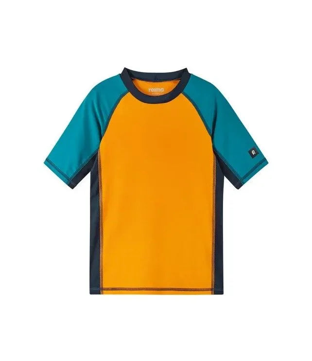 Orange and teal colorblock short sleeve rashguard shirt with navy trim, front view