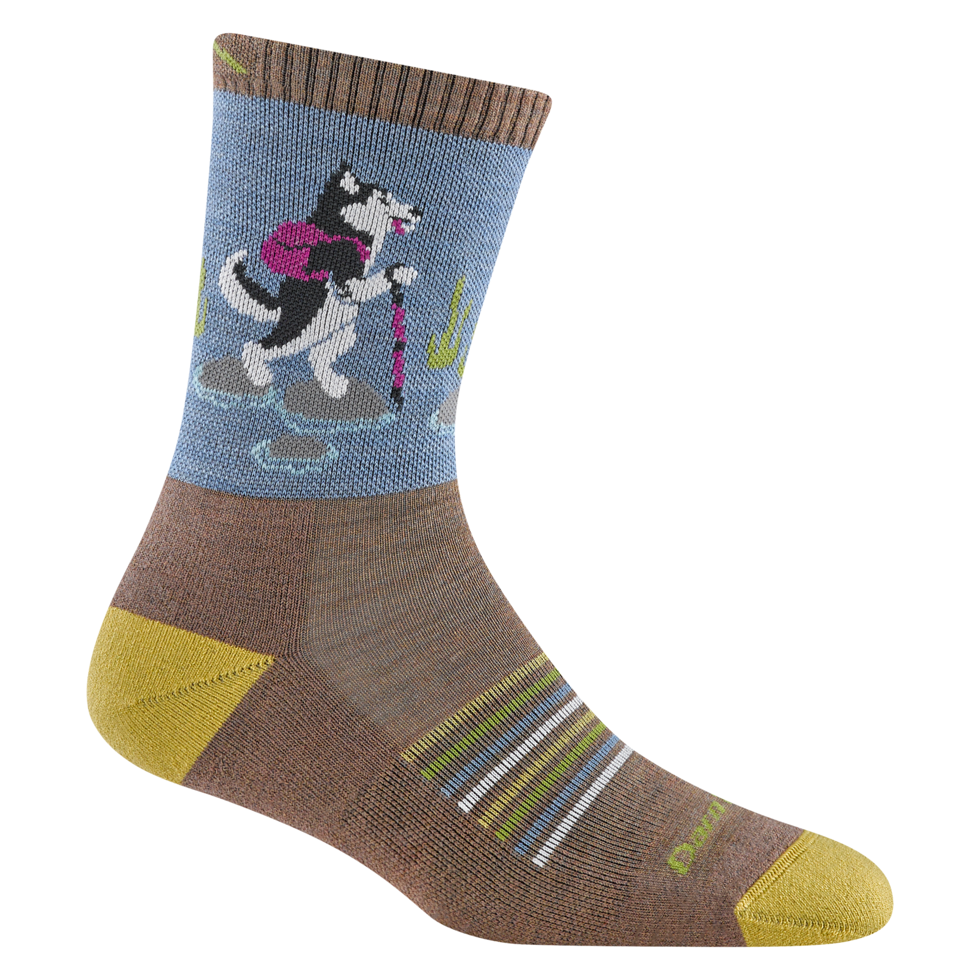 Crew hiking sock with husky dog hiking graphic on blue leg, brown foot, and yellow heel and toe