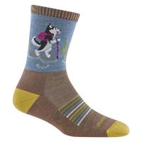 Crew hiking sock with husky dog hiking graphic on blue leg, brown foot, and yellow heel and toe