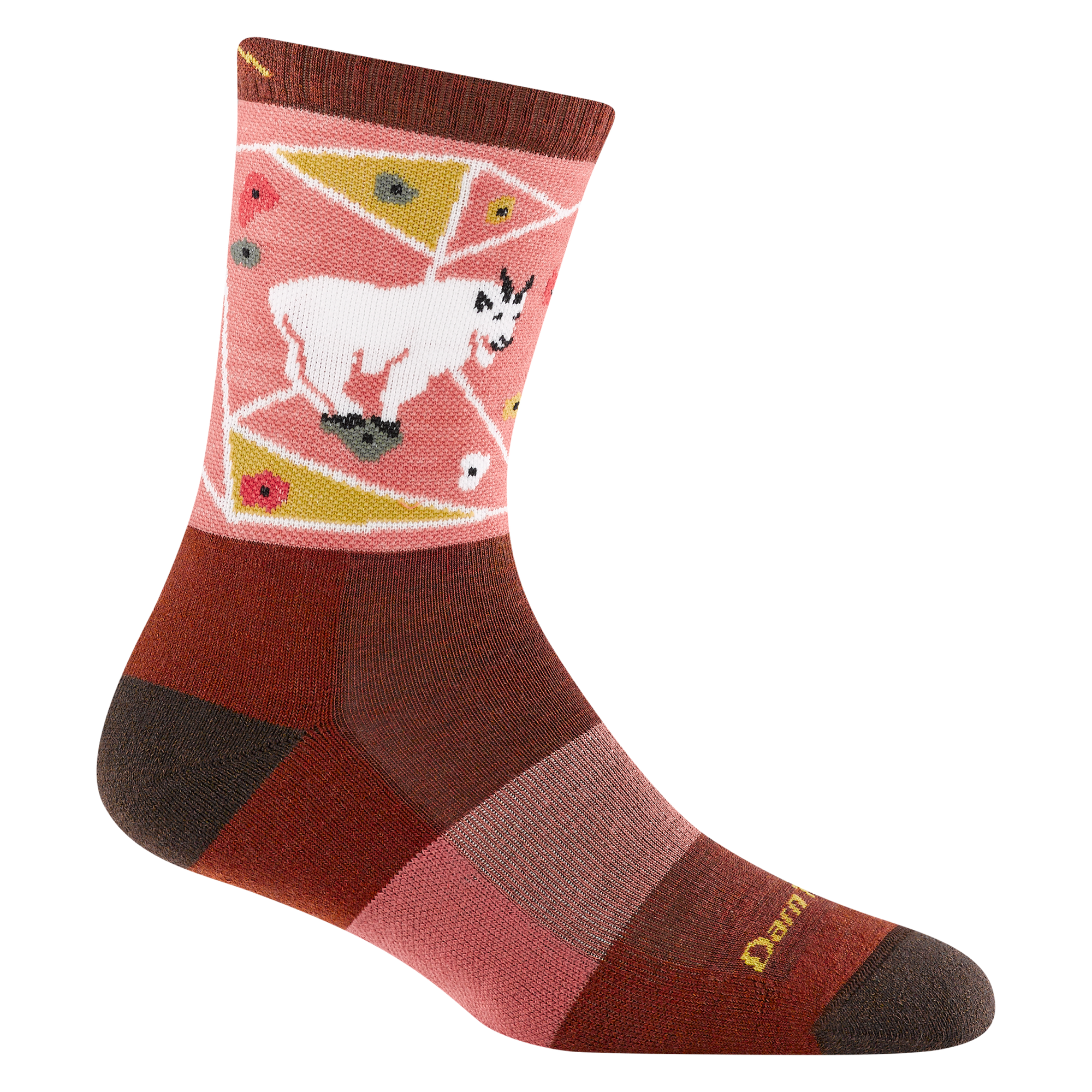 Crew-length wool sock in pink and burgundy with mountain goat graphic and geometric pattern