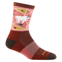 Crew-length wool sock in pink and burgundy with mountain goat graphic and geometric pattern