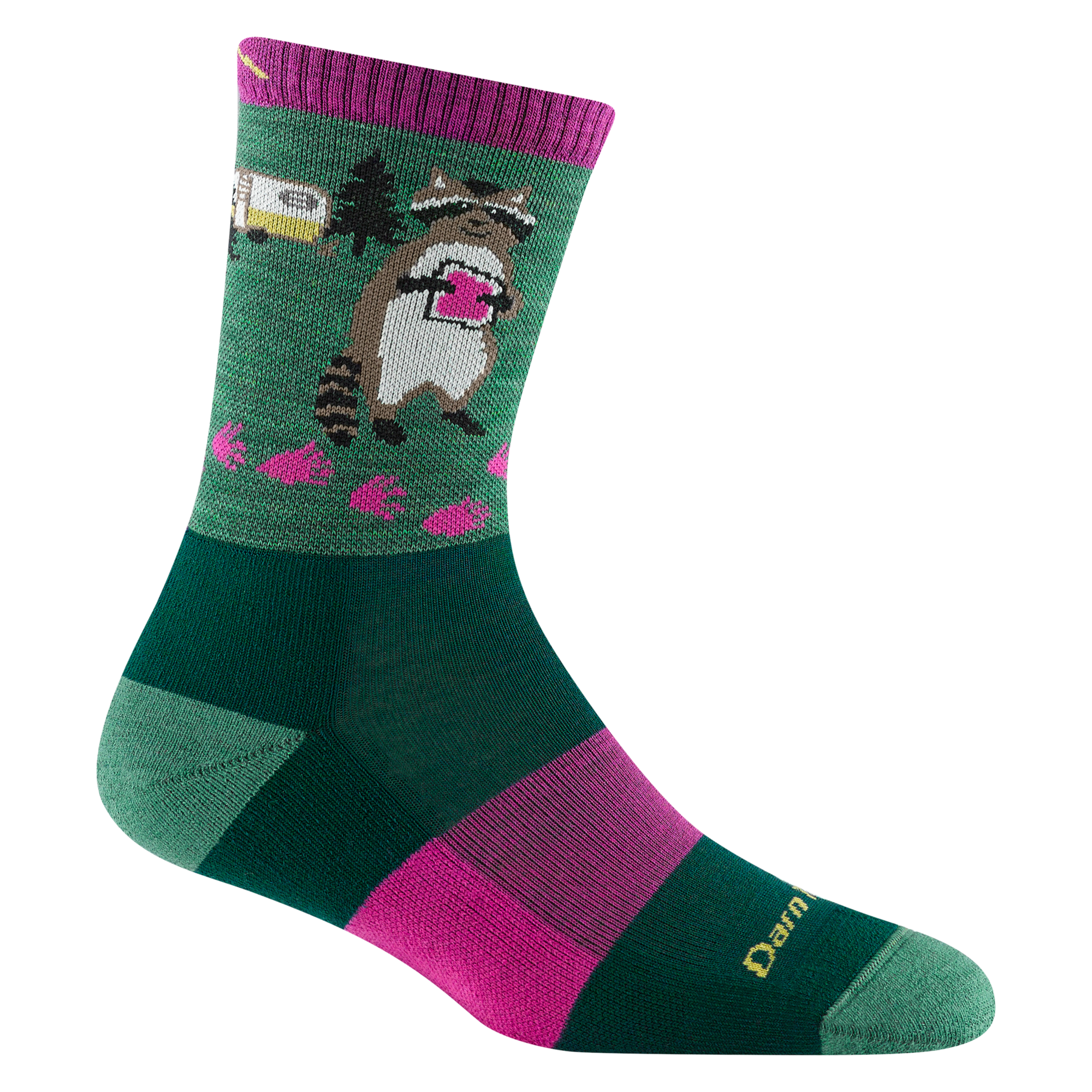 Green crew hiking sock with raccoon campsite graphic and pink stripe accents, side view