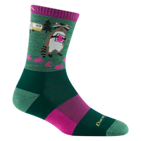 Green crew hiking sock with raccoon campsite graphic and pink stripe accents, side view