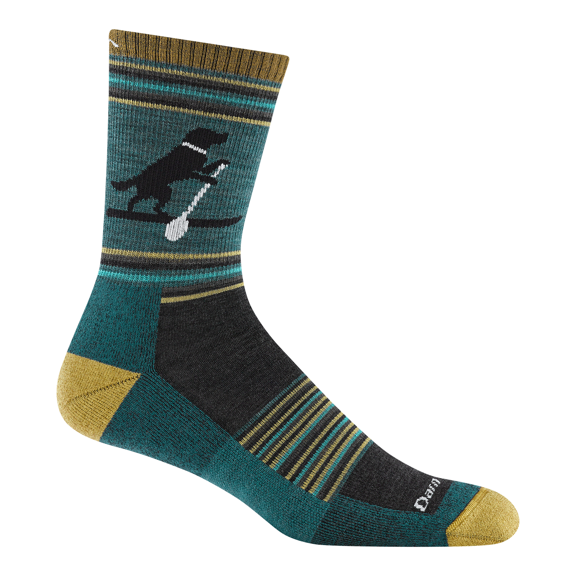 Crew-length wool sock in teal and gold stripes featuring a black dog silhouette carrying a stick