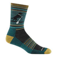 Crew-length wool sock in teal and gold stripes featuring a black dog silhouette carrying a stick