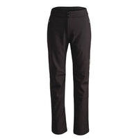 Black women's ski pants with button waistband and tapered legs, front view