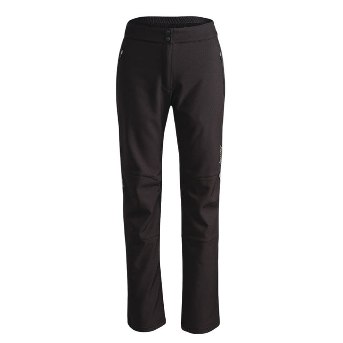 Black women's ski pants with button waistband and tapered legs, front view