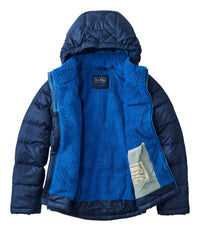 Kids' hooded puffer jacket opened flat showing bright blue sherpa lining interior, navy exterior