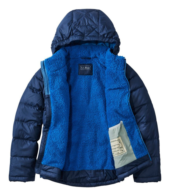Kids' hooded puffer jacket opened flat showing bright blue sherpa lining interior, navy exterior