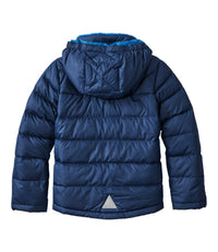 Kids' quilted puffer jacket back view, navy blue with hooded design and reflective patch