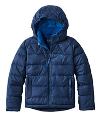 Kids' navy hooded puffer down jacket with bright blue zipper and sherpa-lined hood, front view