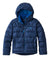 Kids' navy hooded puffer down jacket with bright blue zipper and sherpa-lined hood, front view