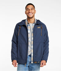 Men's full-zip hooded jacket in dark navy, worn open over plaid shirt, front view