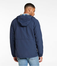 Men's hooded jacket in dark navy, back view, with plaid shirt collar visible