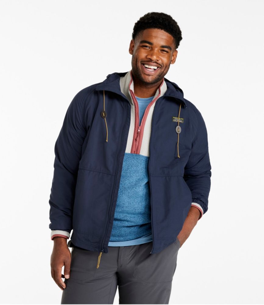 Men's full zip hooded jacket in dark navy, open front view showing layered outfit