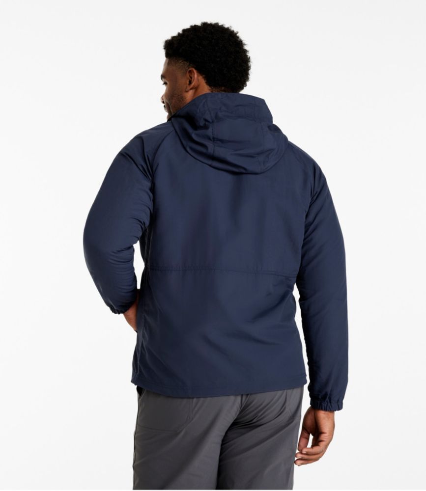 Men's insulated hooded jacket in dark navy, rear view showing hood and elastic cuffs