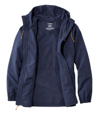 Navy full-zip hooded jacket open to show interior lining, with side pockets and elastic cuffs