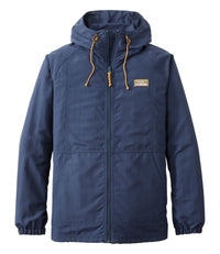 Dark navy hooded full-zip jacket with golden drawstrings, elastic cuffs, and brand patch, front view