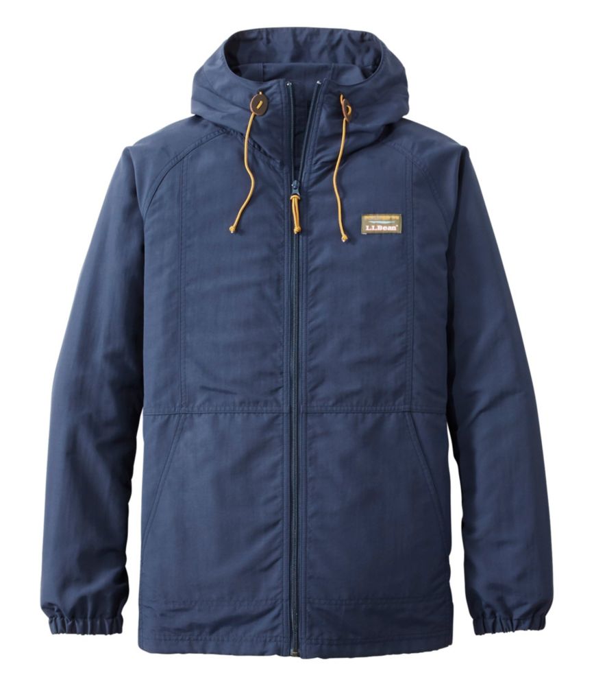Dark navy hooded full-zip jacket with golden drawstrings, elastic cuffs, and brand patch, front view