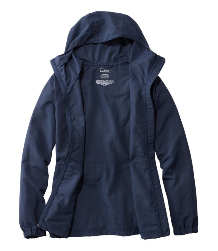 Women's hooded full-zip jacket in dark navy, shown open with interior lining visible
