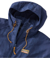 Dark navy hooded full-zip jacket with gold drawstrings and toggle adjusters, close-up view