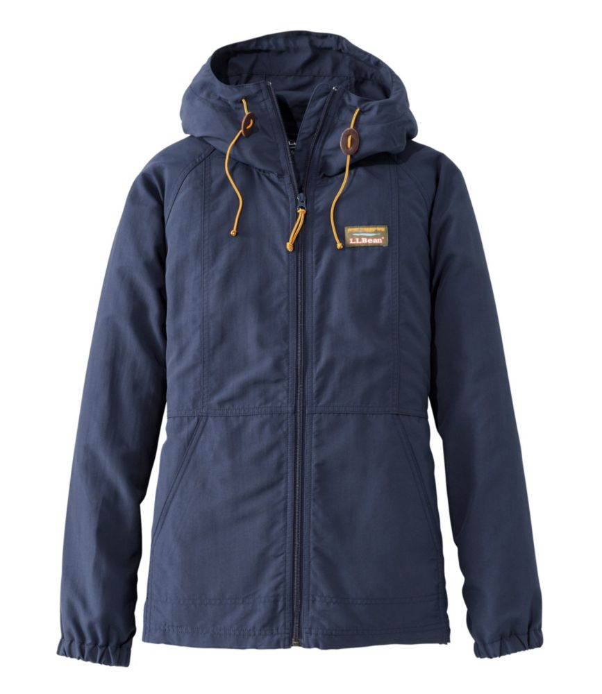 Dark navy full-zip hooded jacket with gold drawstrings and brand patch, front view