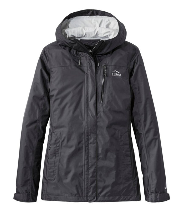Dark hooded rain jacket with front zip and chest pocket, front view