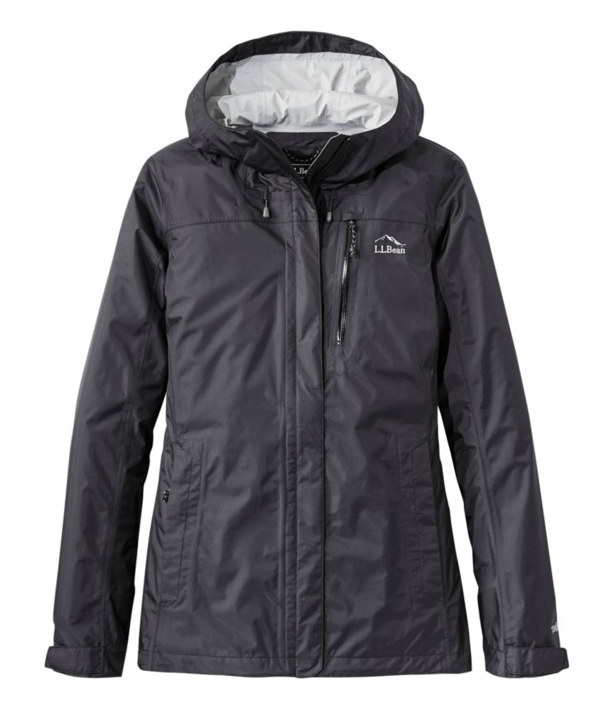 Dark hooded rain jacket with front zip and chest pocket, front view