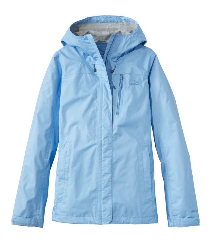 Light blue hooded rain jacket with front zip and chest pocket, front view